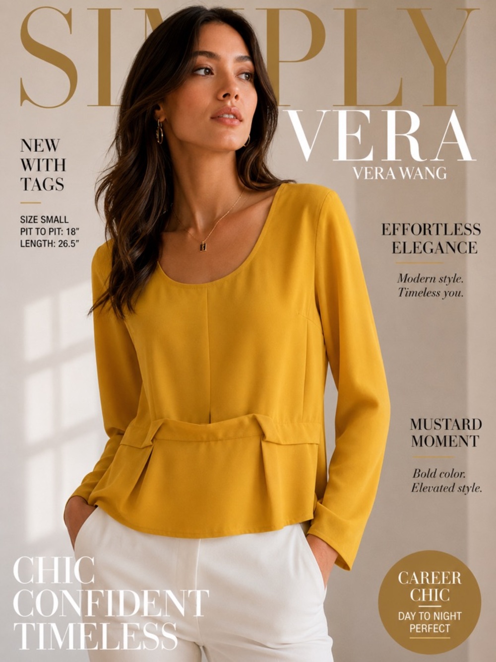 Simply Vera Vera Wang‎ Mustard Blouse Top NWT Size Small Long Sleeve Career Chic